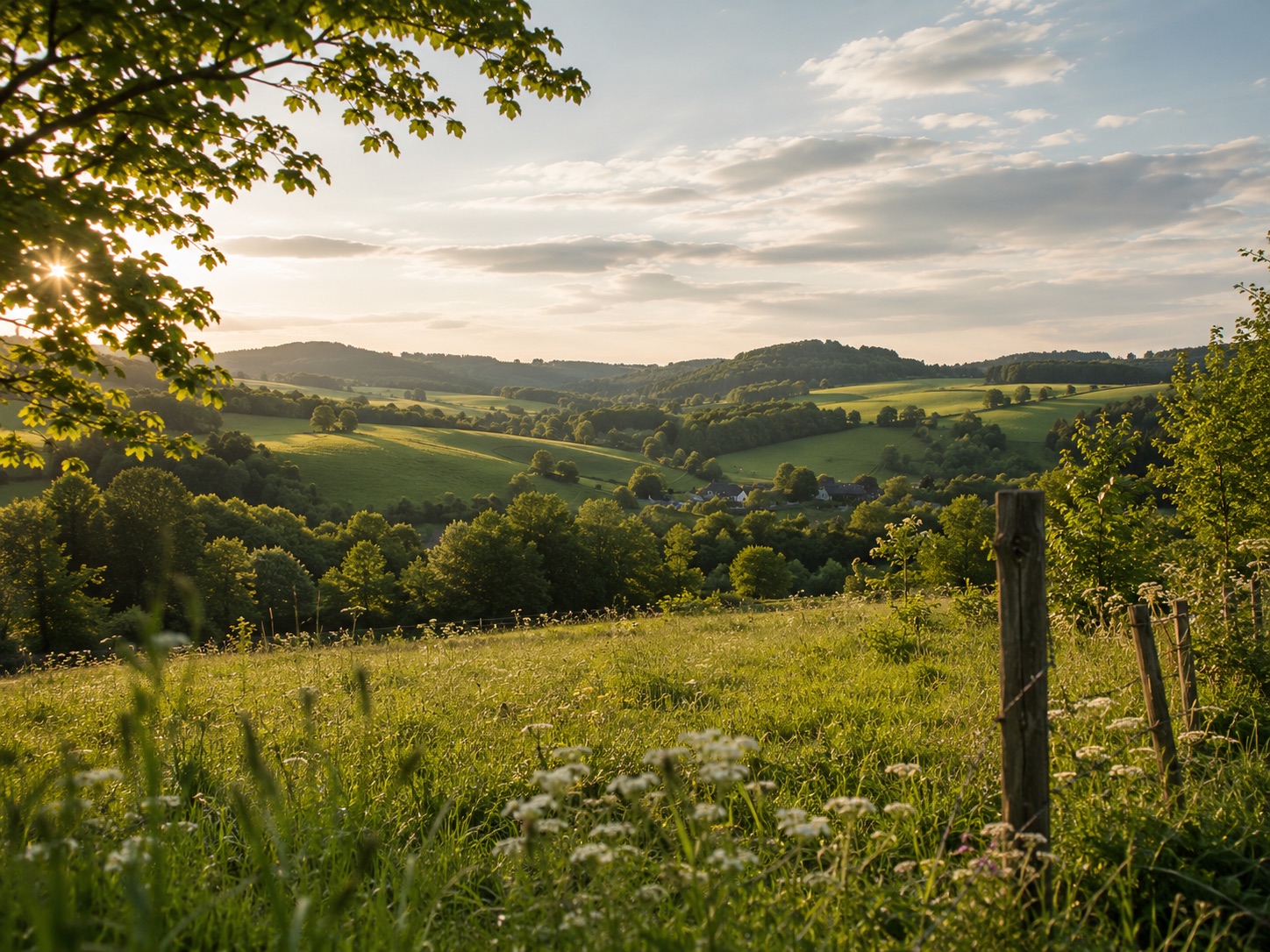 Landschaft im Bergischen Land bei Sonnenuntergang