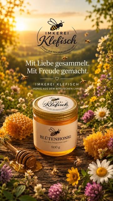 Blütenhonig der Imkerei Klefisch im Glas mit Wiesenblumen