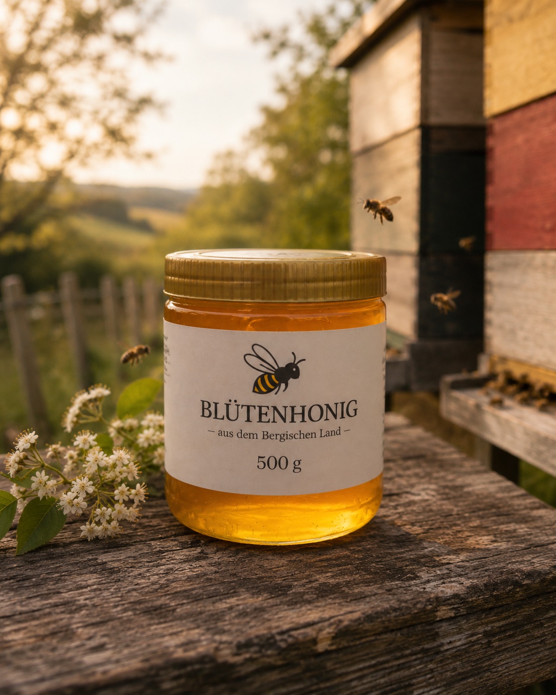 Glas Blütenhonig aus dem Bergischen Land auf Holz, im Abendlicht