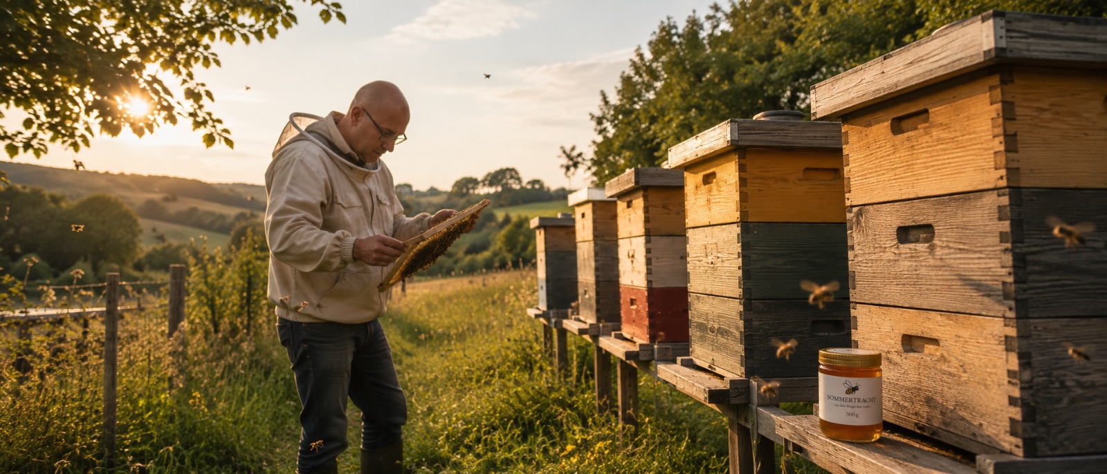Imker Klefisch bei der Arbeit am Bienenvolk im Bergischen Land bei Sonnenuntergang