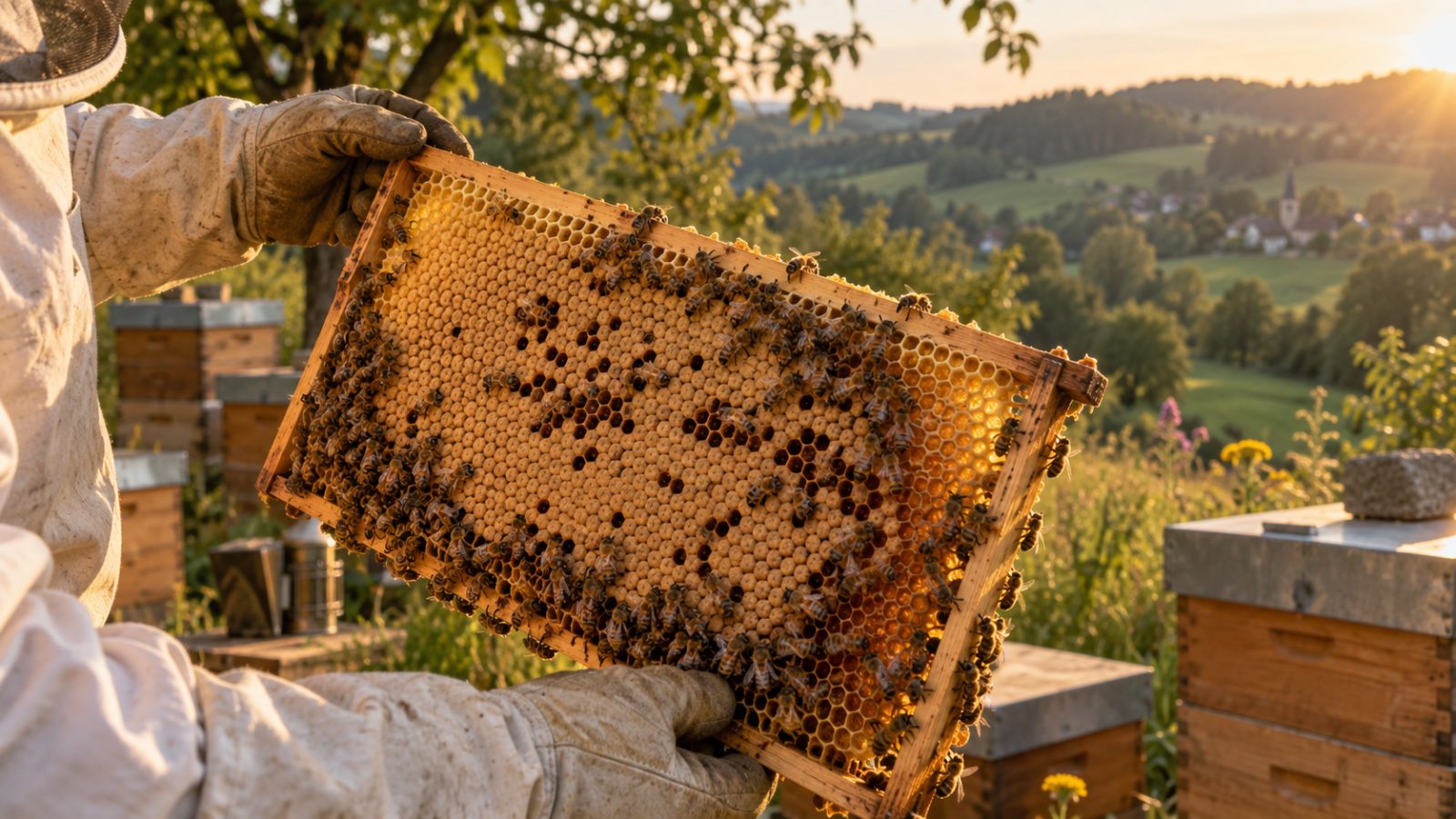 Imker hält eine Brutwabe mit Bienen im Abendlicht, Bienenstand im Bergischen Land