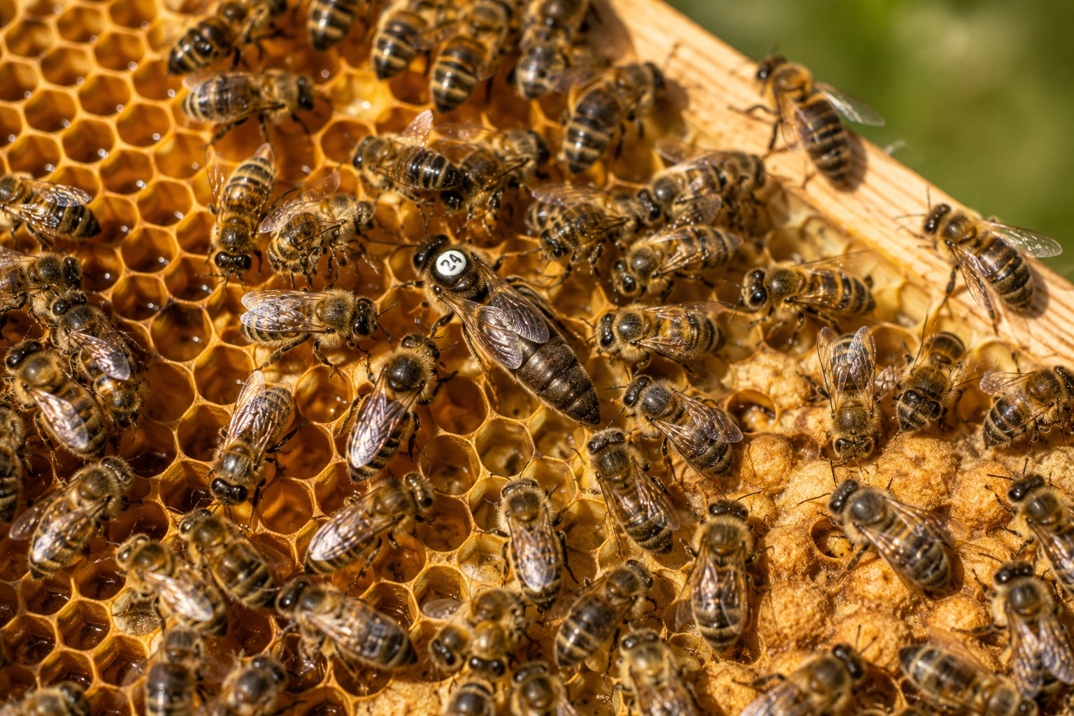 Markierte Bienenkönigin auf der Wabe