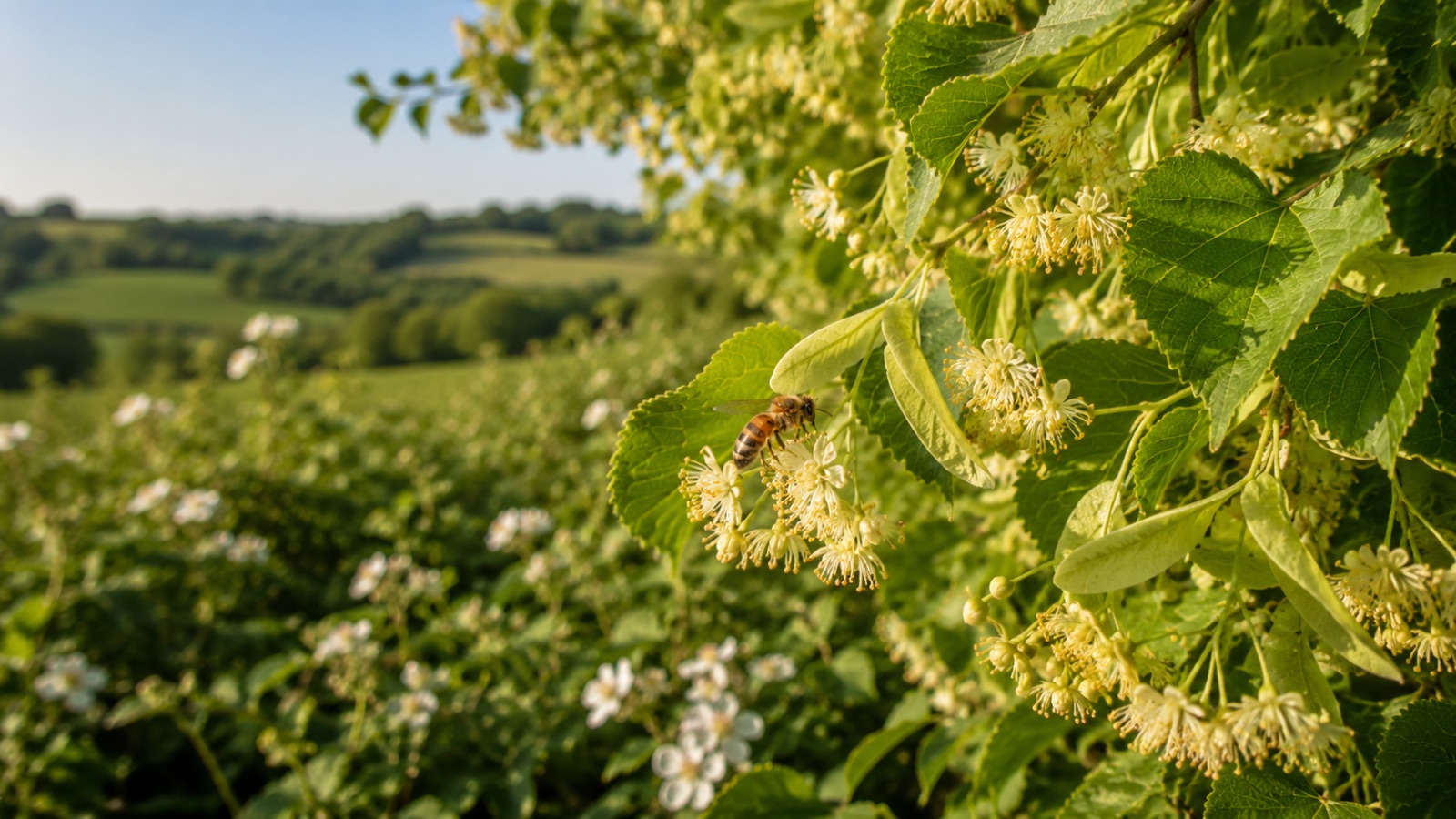 Biene an Lindenblüte über einer Brombeerhecke im Bergischen Land